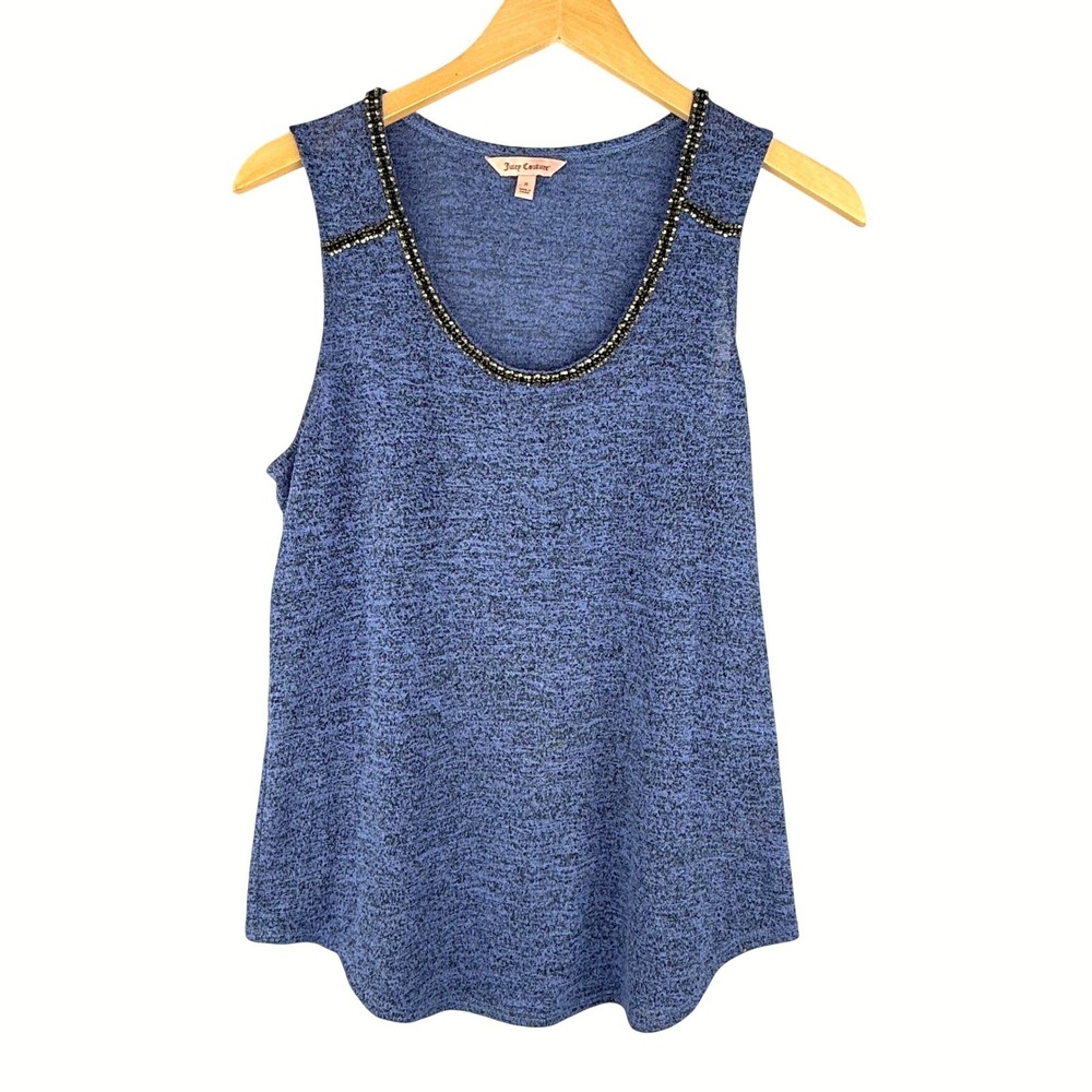 Y2K Juicy Couture Knit Tank Top Small Blue Sparkle Beaded Glam Rock Boho